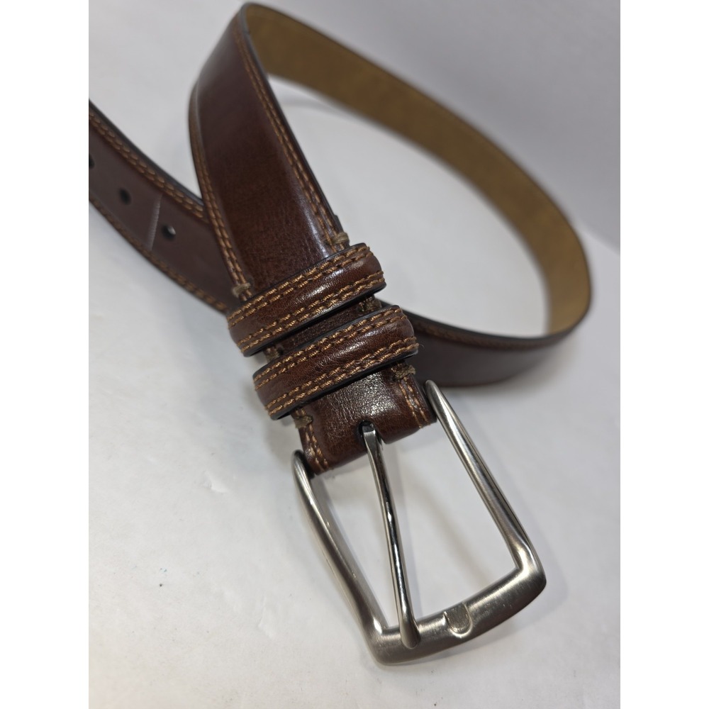 Genuine Pebbled Leather Belt Brown Structured Men' Sz 34 Solid Silver-Tone Golf